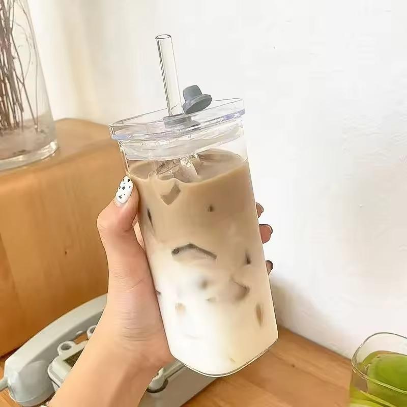 1Pcs Square Heat Resistant Coffee Glass Cup With Lid and Straw Transparent Milk Tea Juice Cups Coffee Mug For Home Bar Drinkware 1