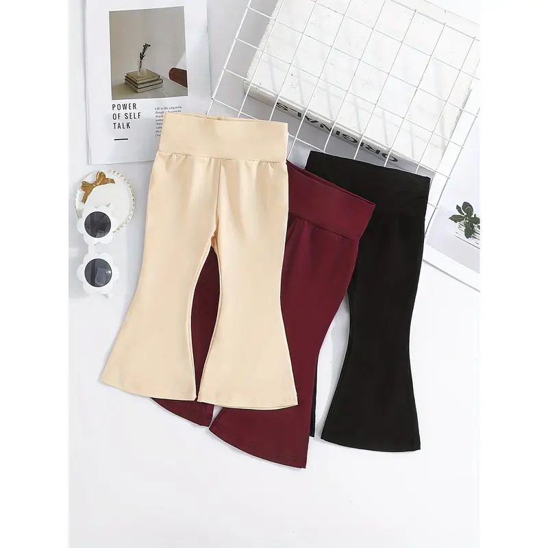 Girls' Solid Color Half-High Waist Bell Bottom Pants 3pcs Set 2