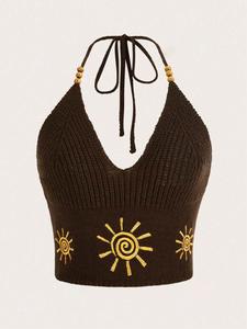 Women's Sun Embroidery Beaded Tie Back Halter Crop Sweater Cami Top, Casual Deep V Neck Backless Knit Top for Summer, Fashion Women's Knitwear for Daily Wear