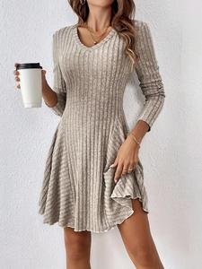 Women's Plain Lettuce Trim V Neck A Line Dress, Casual Long Sleeve Short Dress for Fall & Winter, Ladies Clothes for Daily Wear