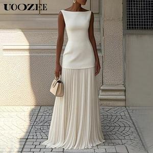 UOOZEE Women 2025 Evening Prom No Stretch Maxi Dresses Summer Elegant Sleeveless Pleated Gauze Cocktail Party Wedding Guest Dresses