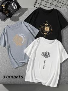 Women's Sun & Moon & Floral Print Round Neck Tee, Casual Short Sleeve Crew Neck T-shirt for Summer, Fashion Women's Top for Daily Wear