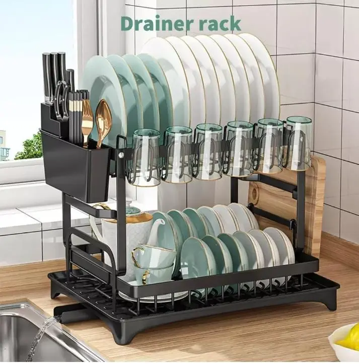 2 Tier Dish Drainer, Multifunctional Dish Drainer Rack, Rustproof Kitchen Dish Drying Rack  Holder, Space-Saving Dish Kitchen Counter, Large, Black Storage Holders & Racks Cabinet Organizer  Steel Waterproof Decor Installation dish  drying  rack 7