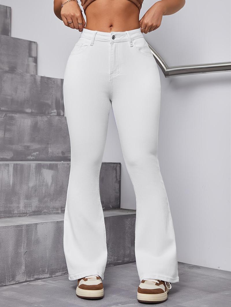 Product Introduction of Women's High-Waist Stretchy White Flare Jeans - Slim Fit, Versatile Bell Bottom Design, Comfortable Polyester Blend, Perfect for All Seasons, Allseason Apparel|Stylish Bell Bottoms|Seamless Finish 0
