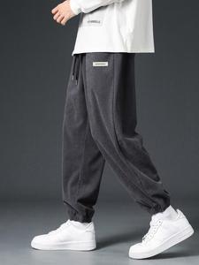 Men's Solid Patched Drawstring Waist Joggers Corduroy Pants, Loose Casual Pocket Elastic Waist Jogger Pants for Fall & Winter, Men's Trousers for Daily Wear