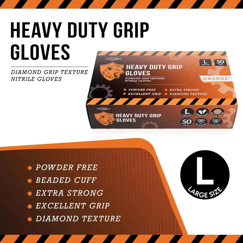Medical Disposable Heavy Duty Mechanic Powder Free Latex Free Orange Diamond Grip Nitrile Gloves - Box of 50 (Large) 5