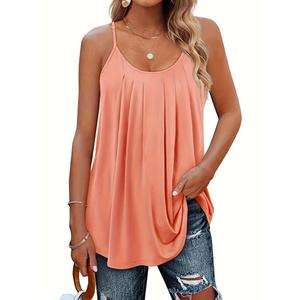 Plus Size Solid Color Ruched Round Neck Camisole, Loose Fit Basic Comfortable Casual Adjustable Spaghetti Strap Women's Top, Women's Daily Wear Clothing, Vacation Evening Top, Women's Clothing, Summer Sleeveless Shirt Womenswear Minimalist tesco  clothing