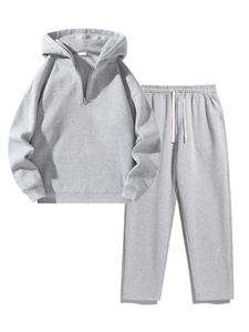 Men's Plain Two-piece Sweatsuit Set, Basic Regular Fit Casual Drop Shoulder Half Zip Hoodie & Pocket Drawstring Sweatpants, Men's Clothing