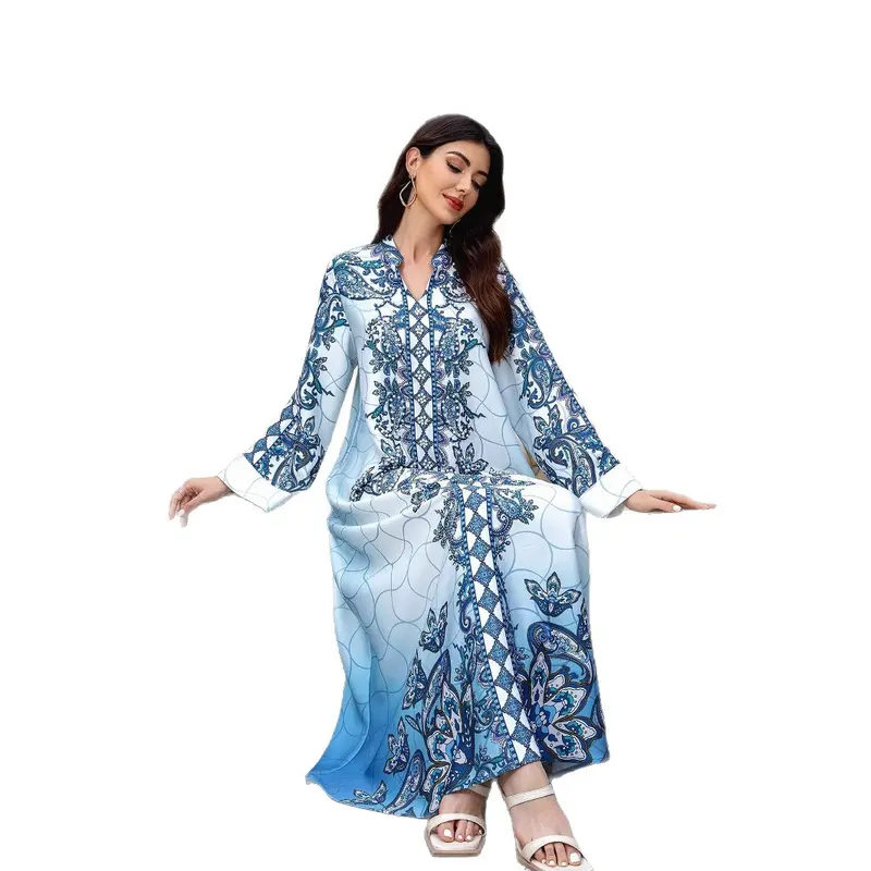 2025 Fashion Printed V-neck Loose Slim Dress Women's Beaded Rhinestone Robe New 4