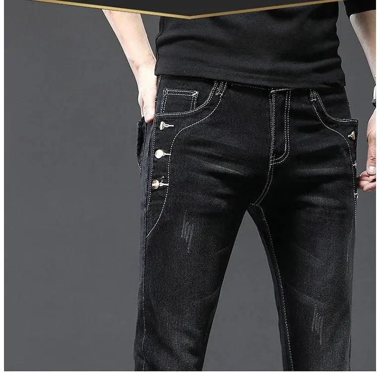 Classic Slim Vintage Fashion Men's Designer Jeans Snowflake Grey Wash Korean Fashion Stretch Pants Multi-button Denim Trousers 8