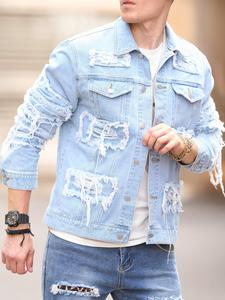Men's Ripped Denim Jacket, Loose Casual Pocket Button Front Outerwear for Daily Wear, Fashion Men's Clothes for All Seasons