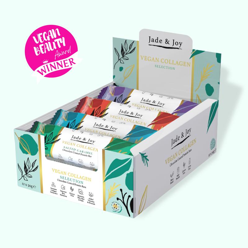 Jade & Joy Collagen Protein Bars, 12 x 50g Selection Pack, 2500mg Vegan Collagen, High Protein, Low Sugar, Low Calories, Dairy Free and Gluten Free, Vitamins & Minerals, Plant Collagen, Milk and White Chocolate Snack Natural 0
