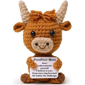 Mini Funny Positive Highland Cow, Cute Cow Design, Knitted Wool Cow Figurine with Positive Card, Cute Crochet Decor, Emotional Support Gift for Friends & Family tabletop ornament