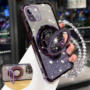 Glitter Phone Case with Ring Holder & Chain, 1 Count Anti-drop Phone Protective Cover, Phone Accessory Compatible with iPhone 11 12 13 14 15 Pro Max, Protector