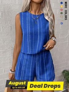 Two-piece Set Women's Striped Print Crop Tanktop & Shorts, Fitted Casual Sleeveless Round Neck Top & Shorts for Summer, Ladies Clothes for Daily Wear, Womenswear, Casual Matching Set, Sleeveless Matching Sets, Casual Loungewear Set