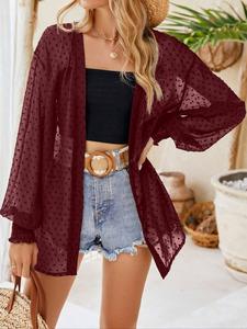 Women's Plain Swiss Dot Sheer Drop Shoulder Cover Up, Elegant Long Sleeve Open Front Cover Up for Vacation Holiday Beach, Ladies Clothes for All Seasons