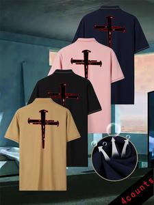 Men's Cross Print Polo Shirt, Regular Fit Casual Short Sleeve Collared Top for Summer, Men's Clothes for Daily Wear