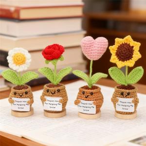 Handmade Crochet Sunflower Potted Plant, Crochet Potted Plant with Greeting Card, Desktop Decorative Artificial Potted Flower for Home, Artificial Flower Set, Garden Decorations, Decoration Items, Artificial Mixed Flower