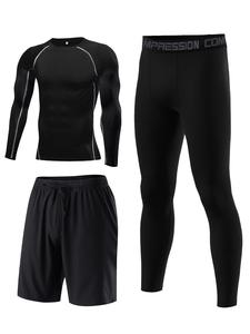 Men's Tracksuit Set, Long Sleeve T-shirt & Letter Tape Leggings & Drawstring Pocket Sports  Shorts, Summer Sports Outfits Set for Men