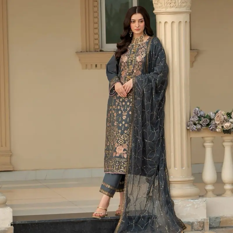 Heera’s Collection Embroidered Cambric Cotton 3 Piece Dress with Sequence Embroidery and Organza Patch - Casual, Elegant