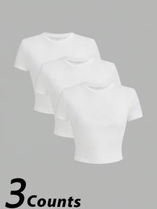 Women's Solid / Camo Print Round Neck Crop Tee, Casual Short Sleeve Crew Neck T-shirt for Summer, Ladies Clothes for Daily Wear