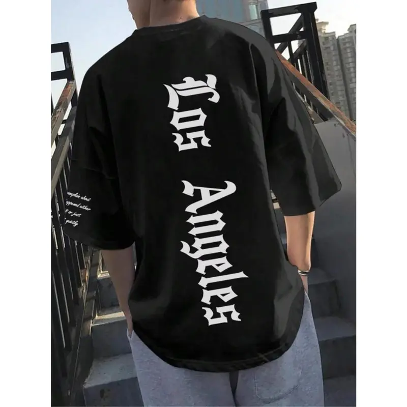 Men's Letter Print Drop Shoulder Tee, Regular Fit Casual Comfy Half Sleeve Round Neck T-Shirt for Summer, Men's Top for Daily Wear 0