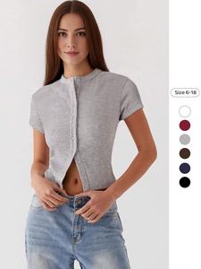 Women's Plain Curved Hem Pit Button Short Sleeve Sweater Cardigan, Casual Open Front Knitwear for Summer, Fashion Women's Knit Clothing for Daily Wear, Tops