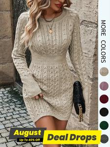 Women's Plain Round Neck Cable Knit Bodycon Sweater Dress,  Lady Elegant Fashion Casual Long Sleeve Jumper Dress for Daily Outdoor Wear, Women Knitwear for Fall & Winter, Dresses for Women