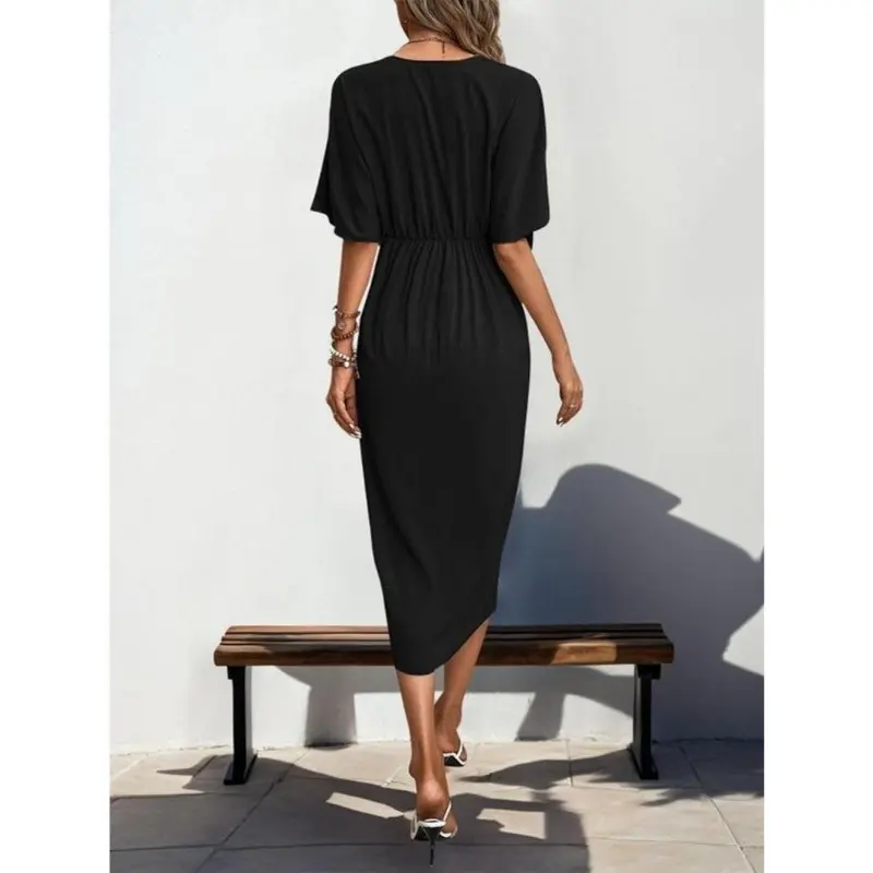 Women's Plain Twist Ruched Half Sleeve Dress, Elegant V Neck Knee Length Dress for Party Holiday Wedding Guest, Ladies Spring Clothes 1