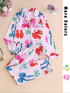 Two-Piece Set Women's All Over Bow Print Pajama Set, Casual Comfy Long Sleeve Button Front Collared Top & Pants PJ Set, Ladies Sleepwear for Spring & Fall