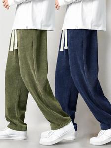 Men's Solid Drawstring Waist Corduroy Pants, Casual Comfy Anti-wrinkle Drape Straight Leg Trousers for Fall & Winter, Men's Bottoms for Daily Wear