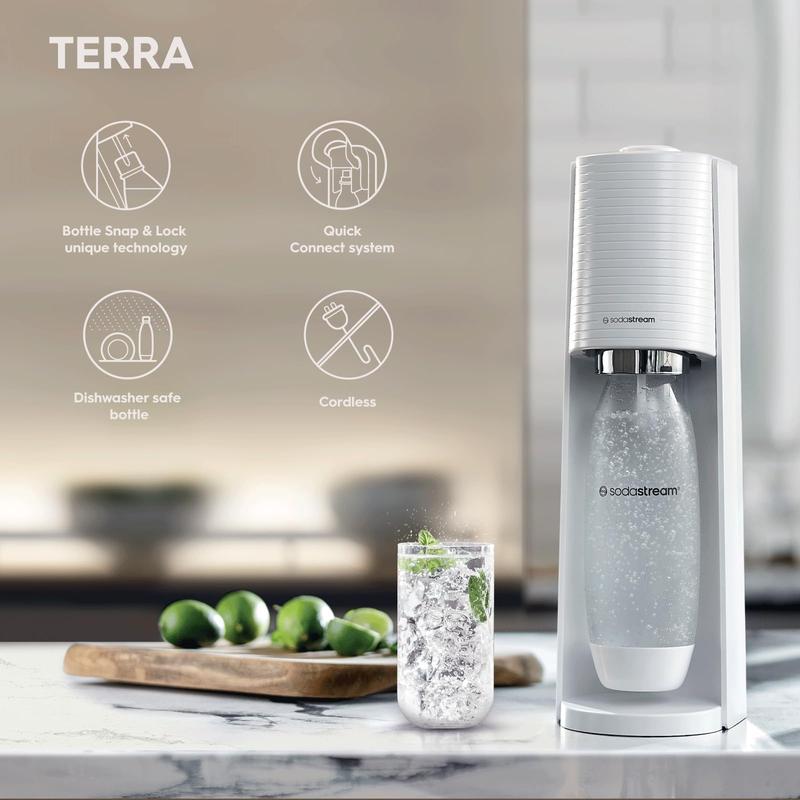 SodaStream Terra Sparkling Water Maker, Sparkling Water Machine & 1L Fizzy Water Bottle, Retro Drinks Maker w. BPA-Free Water Bottle & Quick Connect Co2 Gas Bottle for Home Carbonated Water - White 3