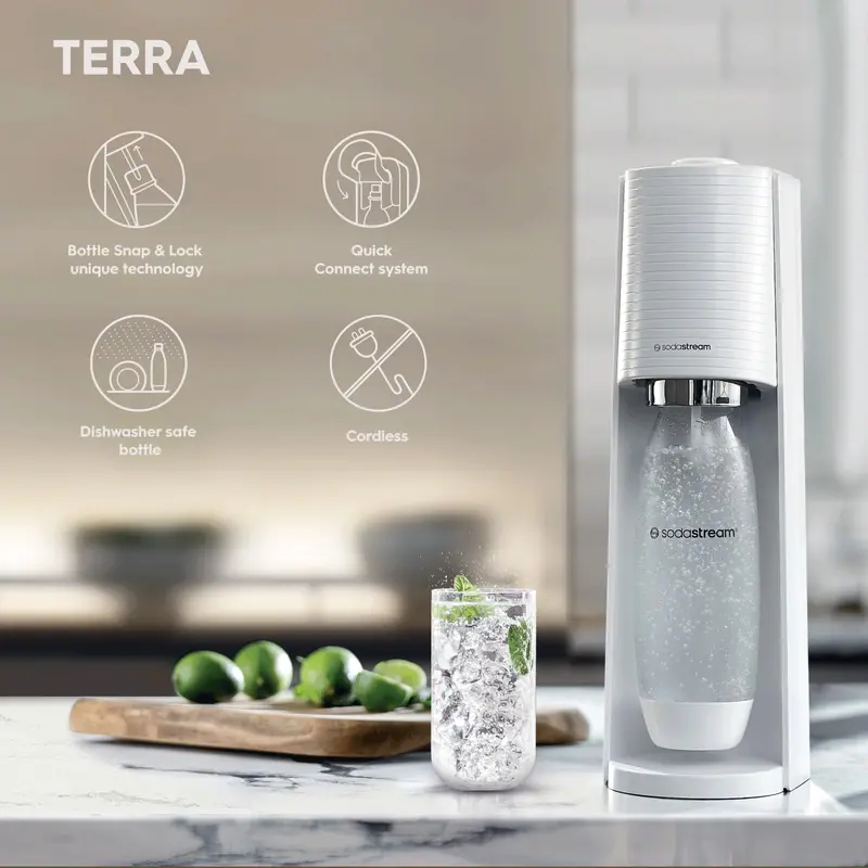 SodaStream Terra Sparkling Water Maker, Sparkling Water Machine & 1L Fizzy Water Bottle, Retro Drinks Maker w. BPA-Free Water Bottle & Quick Connect Co2 Gas Bottle for Home Carbonated Water - White 3