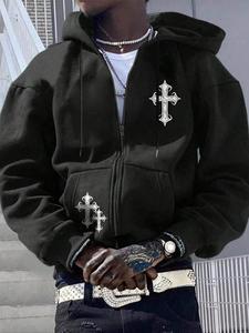 Men's Cross Print Drop Shoulder Zip Up Hoodie, Fashion Casual Regular Fit Drawstring Pocket Hooded Sweatshirt for Daily Holiday Outdoor Wear, Hot Trending Hoodies, Men Clothes for Fall & Winter