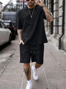 Two-Piece Set Men's Solid Short Sleeve Tee & Drawstring Waist Shorts, Loose Casual Round Neck T-shirt & Track Shorts, Summer Clothes Set for Men