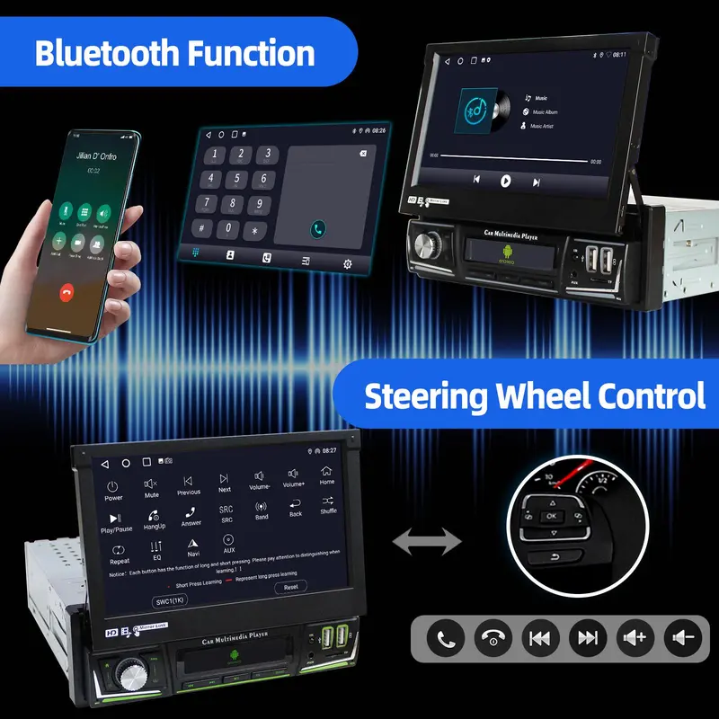 ESSGOO Single 1 DIN 7 Inch Flip Out Screen Android 13 Auto Car Stereo Radio Apple Carplay GPS Navigation Wifi FM RDS Bluetooth 3