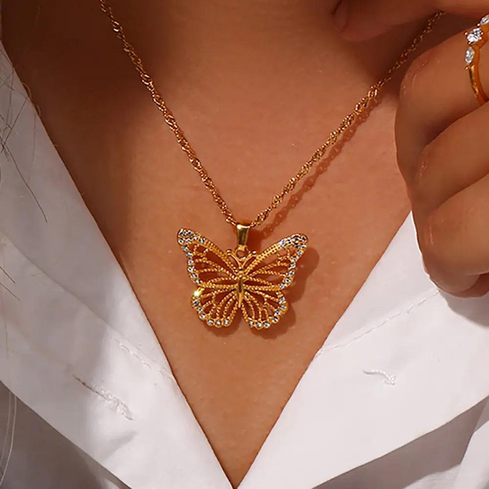 E.B.belle Jewelry Stainless Steel 18K Gold Plated 3A Zircon Stone Luxury Butterfly Pendant Necklace Crystal Butterfly Necklace