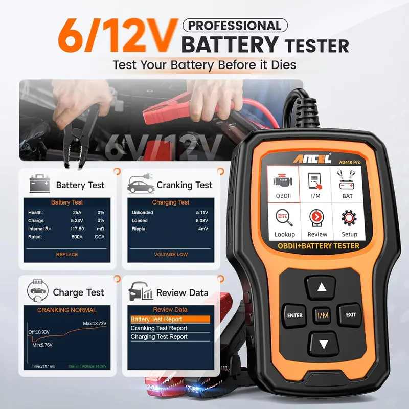 ANCEL AD410 Pro 2-in-1 OBD2 Scanner & Battery Tester – 6V/12V 100-2000 CCA Car Diagnostic Code Reader for All Vehicles 5