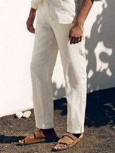 Men's Solid Straight Leg Linen Pants, Regular Fit Casual Comfy Breathable Trousers for Daily Wear, Men's Bottoms for Summer, Loose Wideleg Trousers, Wide Legged Pants