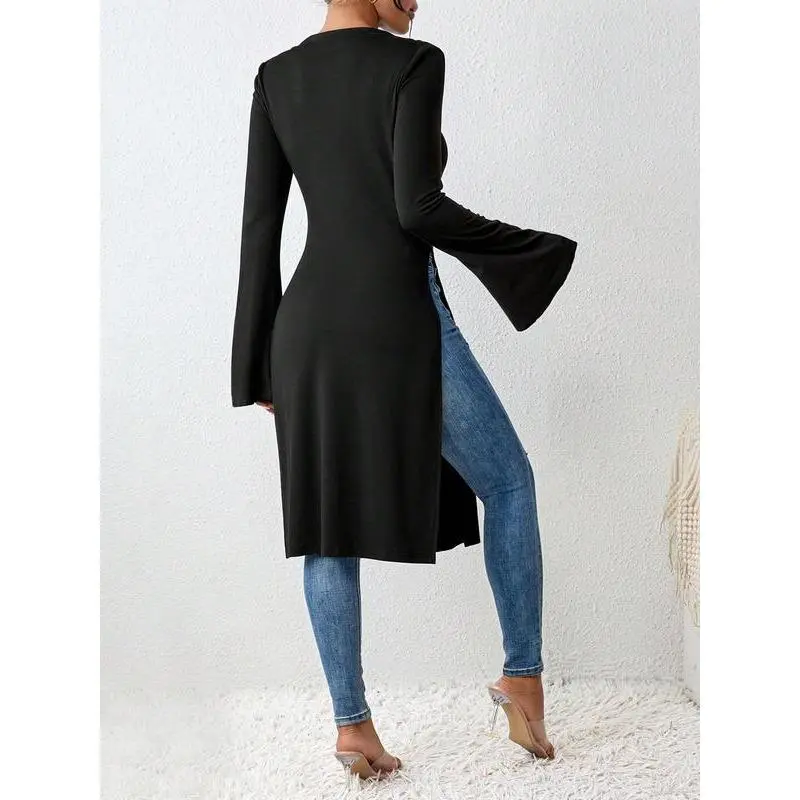 Women's Plain Ruched Flounce Sleeve Dress, Elegant Long Sleeve Round Neck Dress for Party Holiday Wedding Guest, Ladies Clothes for All Seasons 1