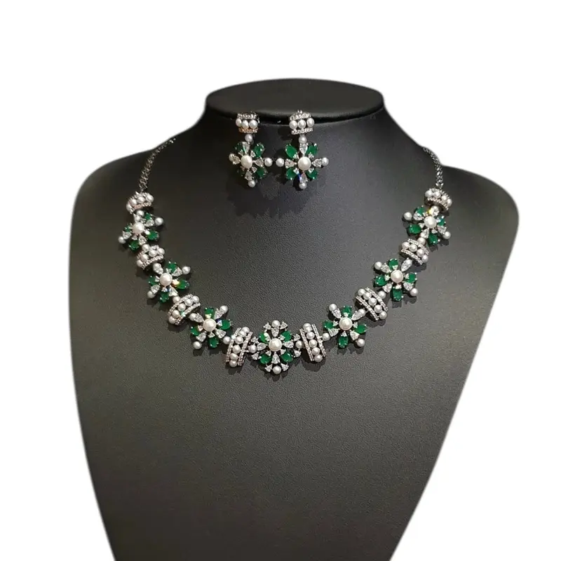 Lab-Grown Emeralds Necklace Set with Cubic Zirconia & Pearls – Black Polish Rhodium Oxidised Finish 1