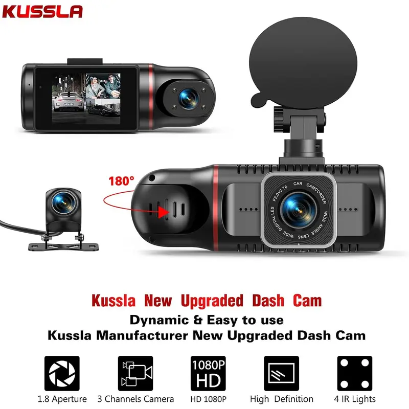 2025-New  Dash Cam Front and Rear Inside 3 Channel Dashcam for Cars 1080P with 64GB Card Adjustable Lens 3 Ways Triple Camera with Night Vision, G-sensor, Loop Recording, Parking Monitor 2