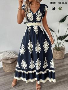 Women's All Over Print Ruffle Hem A Line Dress, Boho Fashion V Neck Cap Sleeve Long Dress for Beach Holiday Vacation, Ladies Dress for Summer