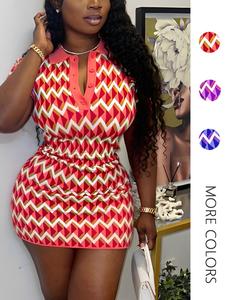 Women's Chevron Print Button Front Bodycon Dress, Casual Sleeveless Polo Neck Mini Dress for Summer, Fashion Women's Dress for Daily Wear
