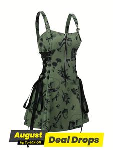 Women's Plants & Skull Print Lace Up Cami Dress, Retro Fashion Chic Adjustable Spaghetti Strap Short Dress for Party Holiday, Women Formal Dress for Summer, Going Out Dresses, Bodycon Zipper Front Womenswear, Floral Backless Sleeveless Dresses