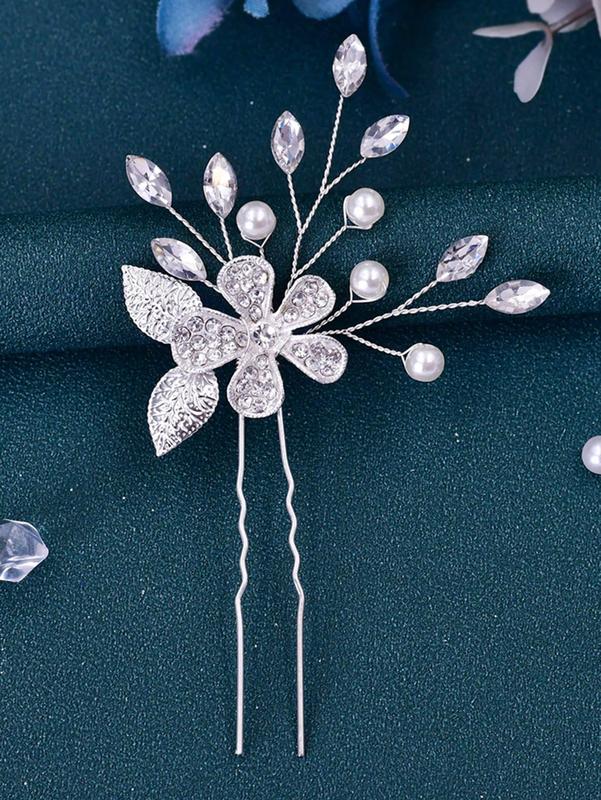 1pc Women's Handmade Silver Floral Rhinestone Inlaid U-Shaped Hairpin For Bridal Wedding Hair Accessory Elegant 1