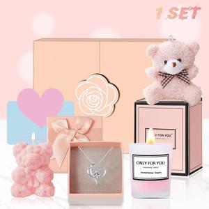 Rose Relaxing Spa Gifts with Gift Box, 1 Set Women Self Care Gift Including Candle & Necklace & Bear & Card, Holiday Birthday Gifts for Mom Sister Best Friend, Valentine's Day Gift, Halloween