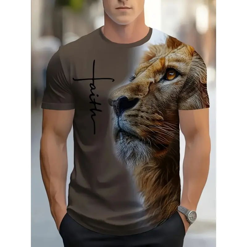 Men's Lion & Cross Graphic T-Shirt - Casual Crew Neck, 100% Polyester Knit Fabric, Machine Washable - Perfect for Summer Outdoor Activities, Comfortable All-Match Top, Comfortable Casual Top | Bold Graphic Tee | Durable Outdoor Clothing