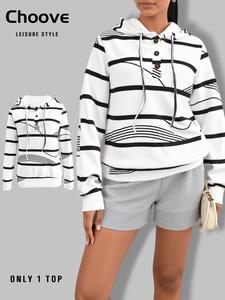 Women's Striped Print Button Front Long Sleeves Drawstring White Hoodie, Lady Tops, Womenswear, Comfort Casual Cozy Hooded Pullover For Spring & Fall, Women's Clothes For Daily Streetwear