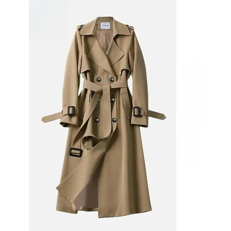 Women's Solid Double Button Belted Trench Coat, Elegant Lapel Neck Long Sleeve Coat for Fall & Winter, Women's Clothing for Daily Wear, Clothing for Women